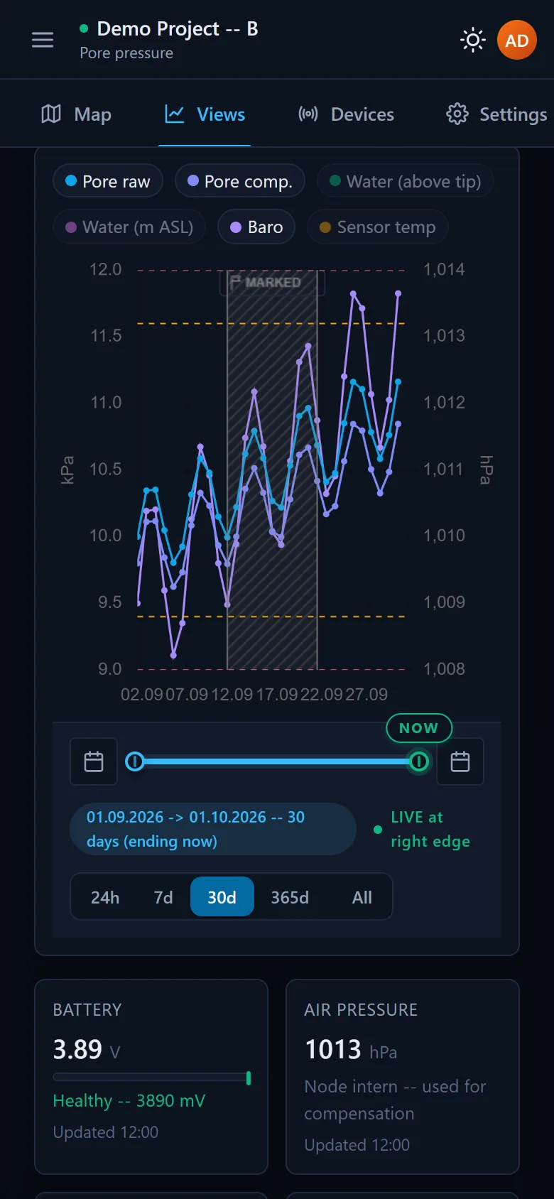 The same pore pressure view on a phone, dark theme, with the menu button, live indicator, the pore pressure chart and the time slider