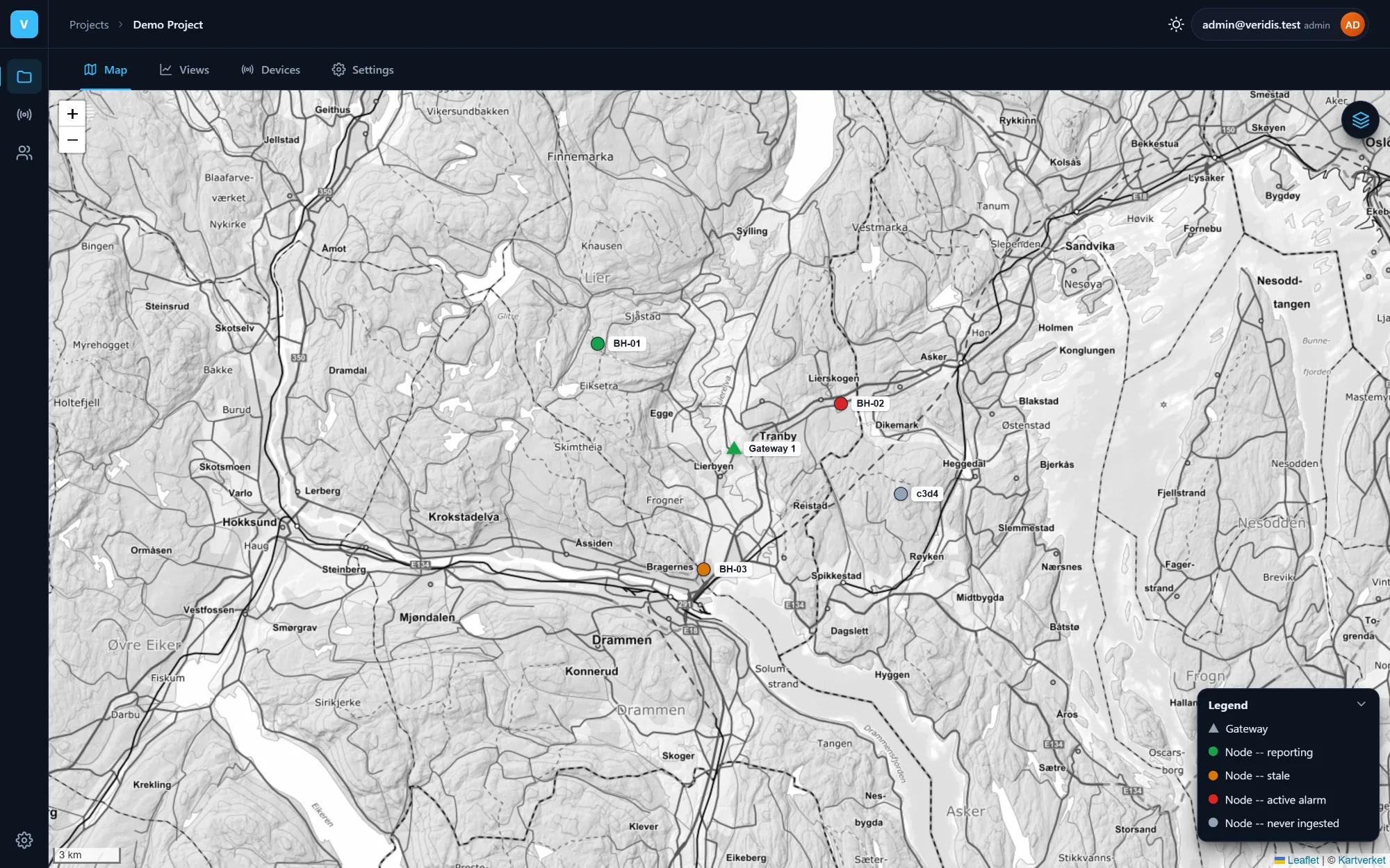 Veridis project map over Lier in the dark theme, with status-coloured node markers, a gateway and the legend
