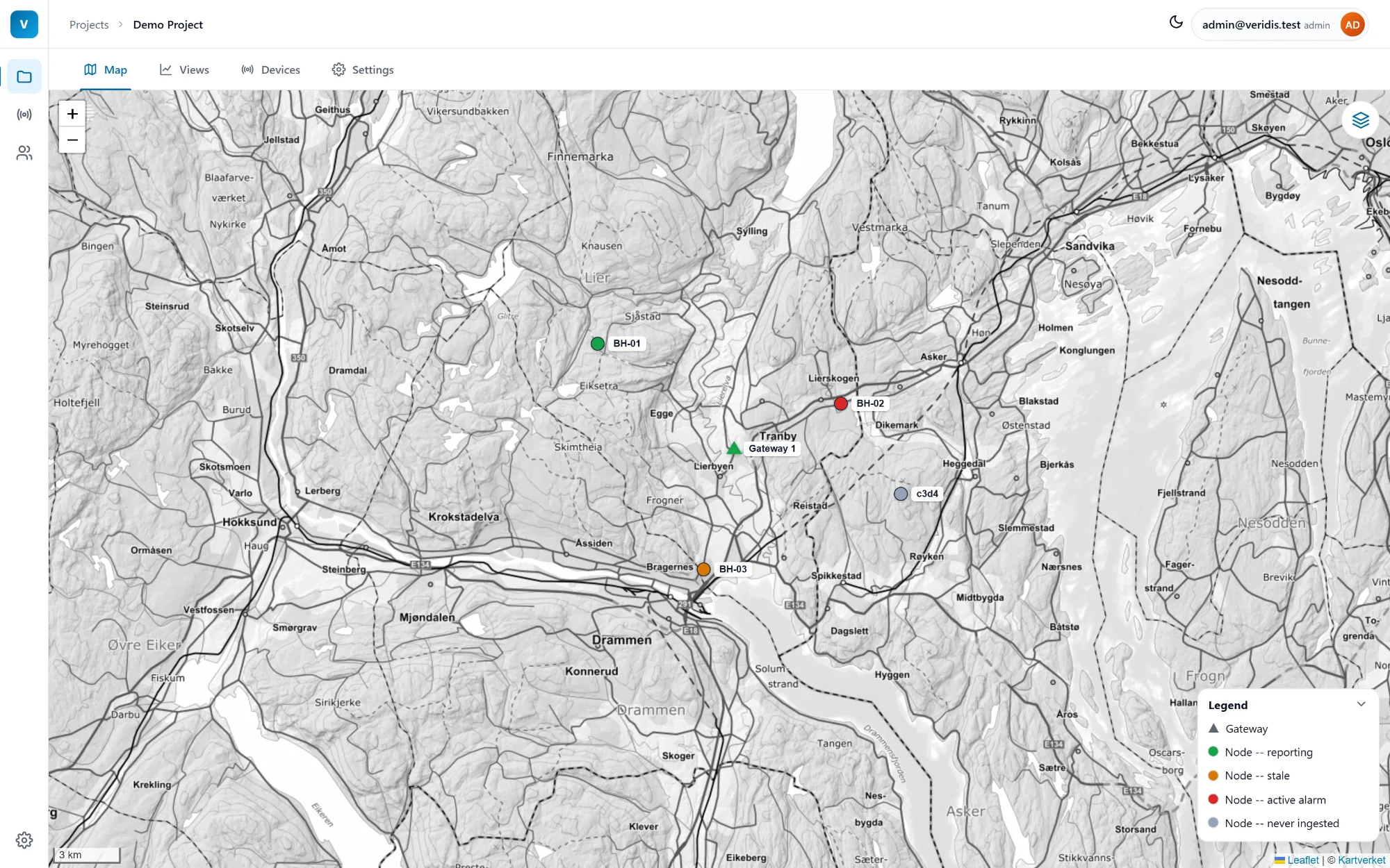 Veridis project map over Lier in the light theme with node markers coloured by status, a gateway triangle and the legend