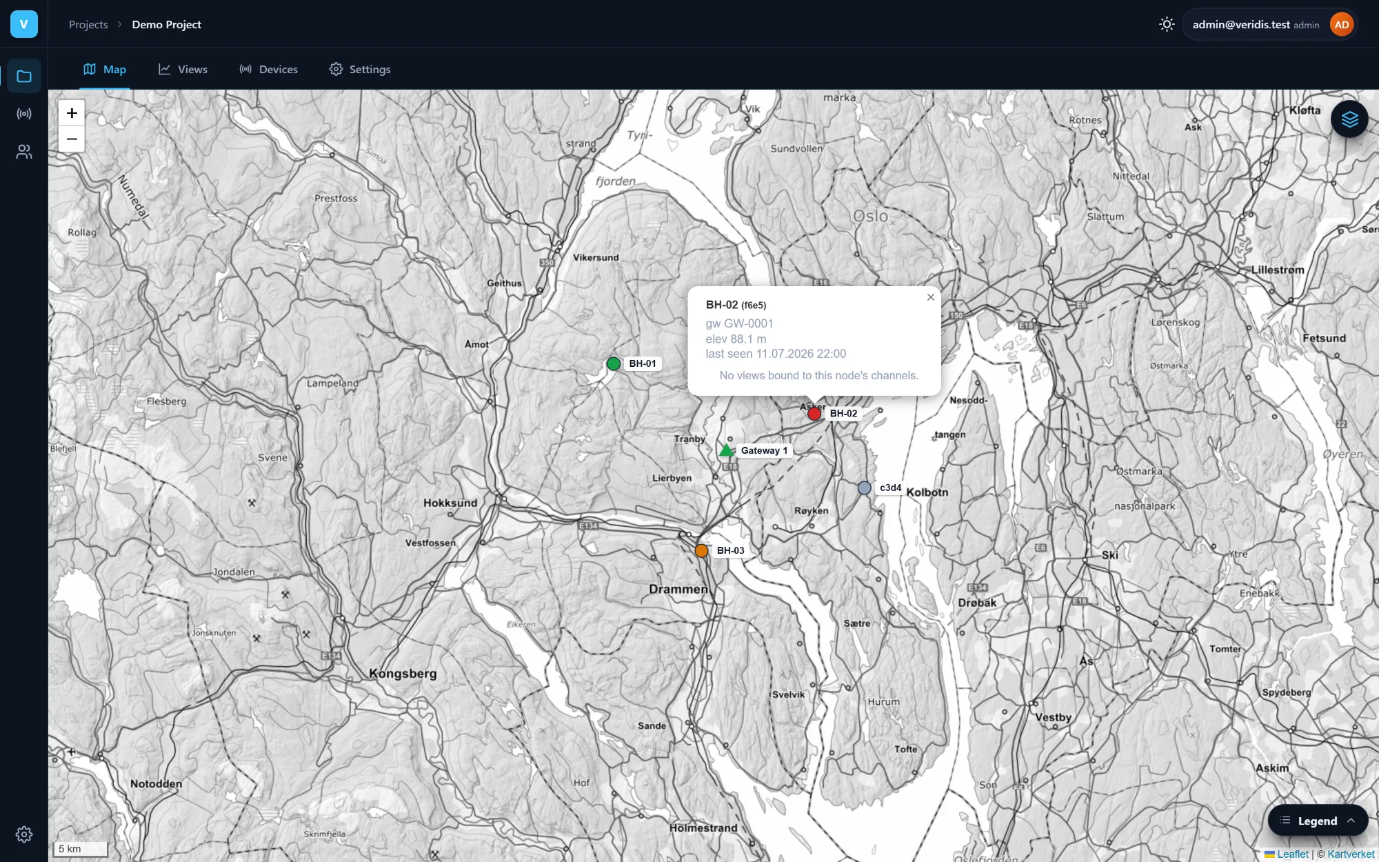 Veridis regional map from Lier to Drammen and Asker in the dark theme