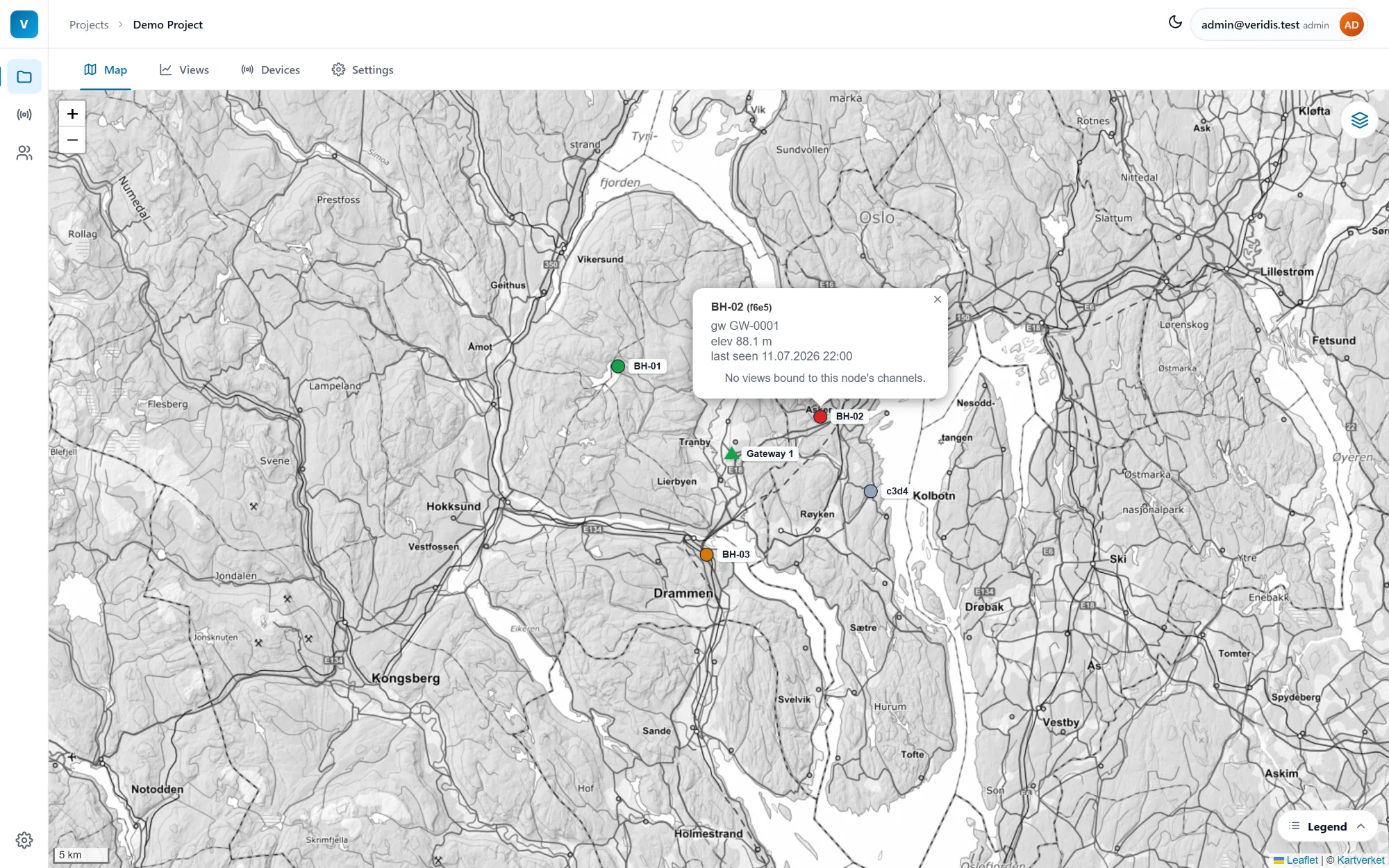 Veridis regional map from Lier to Drammen and Asker in the light theme, with a node popup open